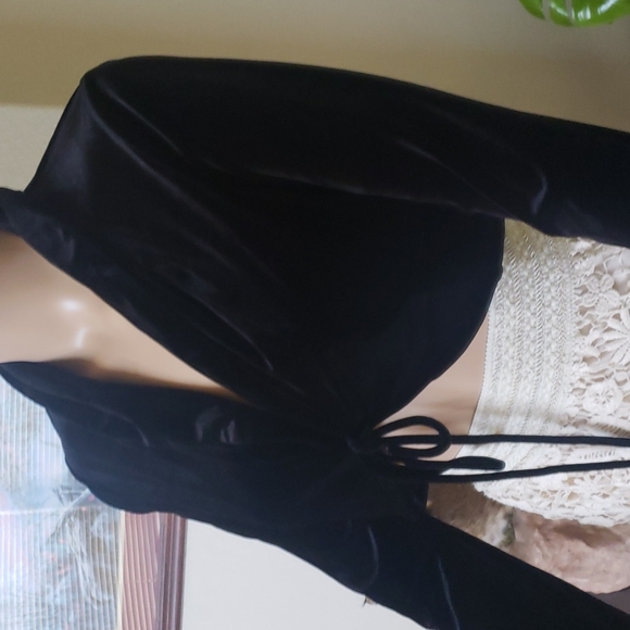 Paper Doll s Shimmery velour tie front cropped foldover collar top - Picture 2 of 6